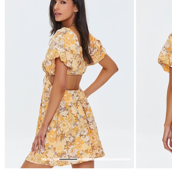 Yellow Floral Mini Dress with Cutouts - Picture 4 of 5